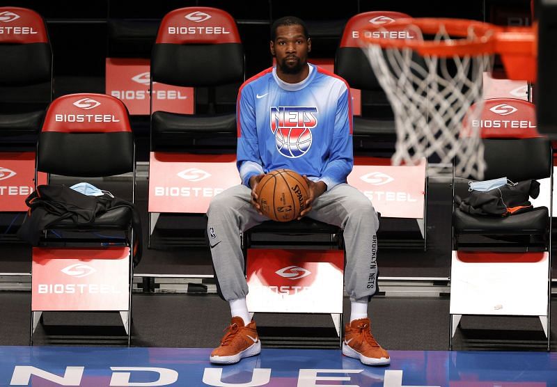 Kevin Durant #7 of the Brooklyn Nets looks on before the first half against the Orlando Magic.